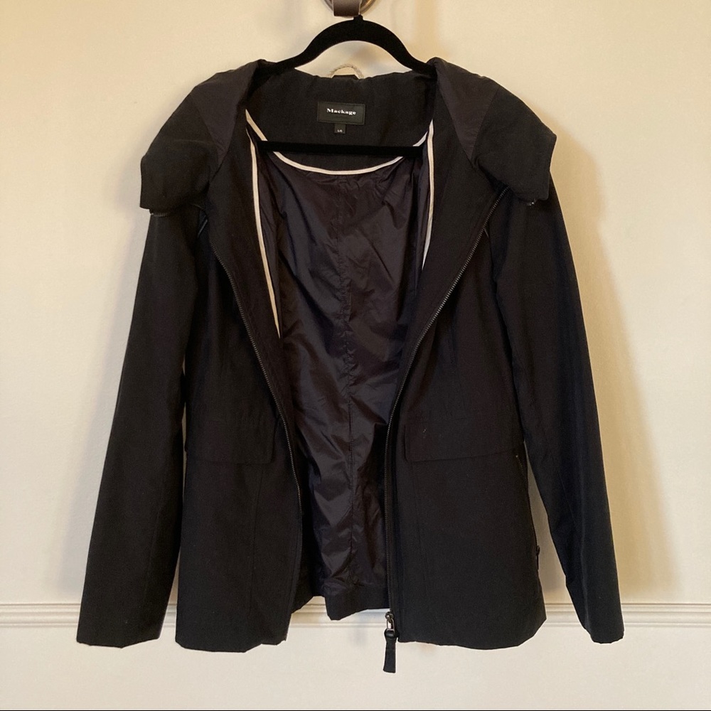 Mackage Black Hooded Jacket Leather Sleeve Detail